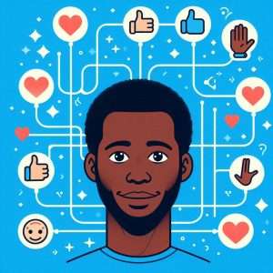 UX at the center with a blue background and lines connected to emojis like thumbs up, heart, and representation of a person.