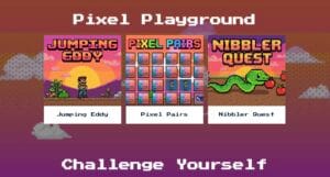 Preview image for Edoardo Liotta's AI LAB and Pixel Playground. Showcasing 80s-style retro games created using AI tools, Adobe Photoshop, and Illustrator.