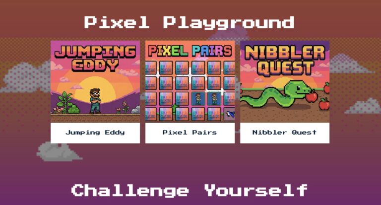 Preview image for Edoardo Liotta's AI LAB and Pixel Playground. Showcasing 80s-style retro games created using AI tools, Adobe Photoshop, and Illustrator.