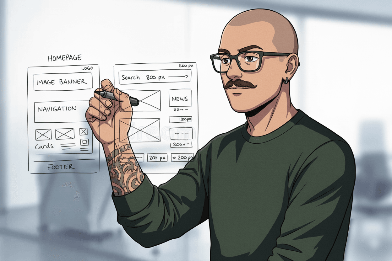 Animated illustration of Edoardo Liotta creating UI/UX wireframes for digital products.