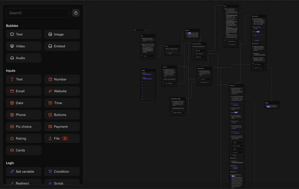 Visual representation of the Typebot conversational logic flow showing branching paths for booking, info, and entertainment.