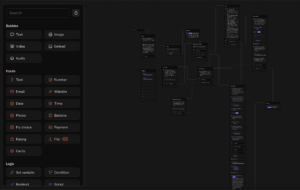 Visual representation of the Typebot conversational logic flow showing branching paths for booking, info, and entertainment.