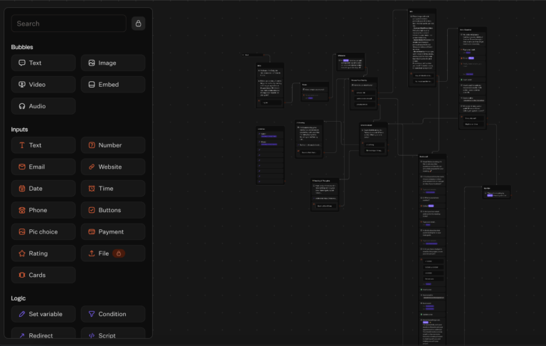 Visual representation of the Typebot conversational logic flow showing branching paths for booking, info, and entertainment.